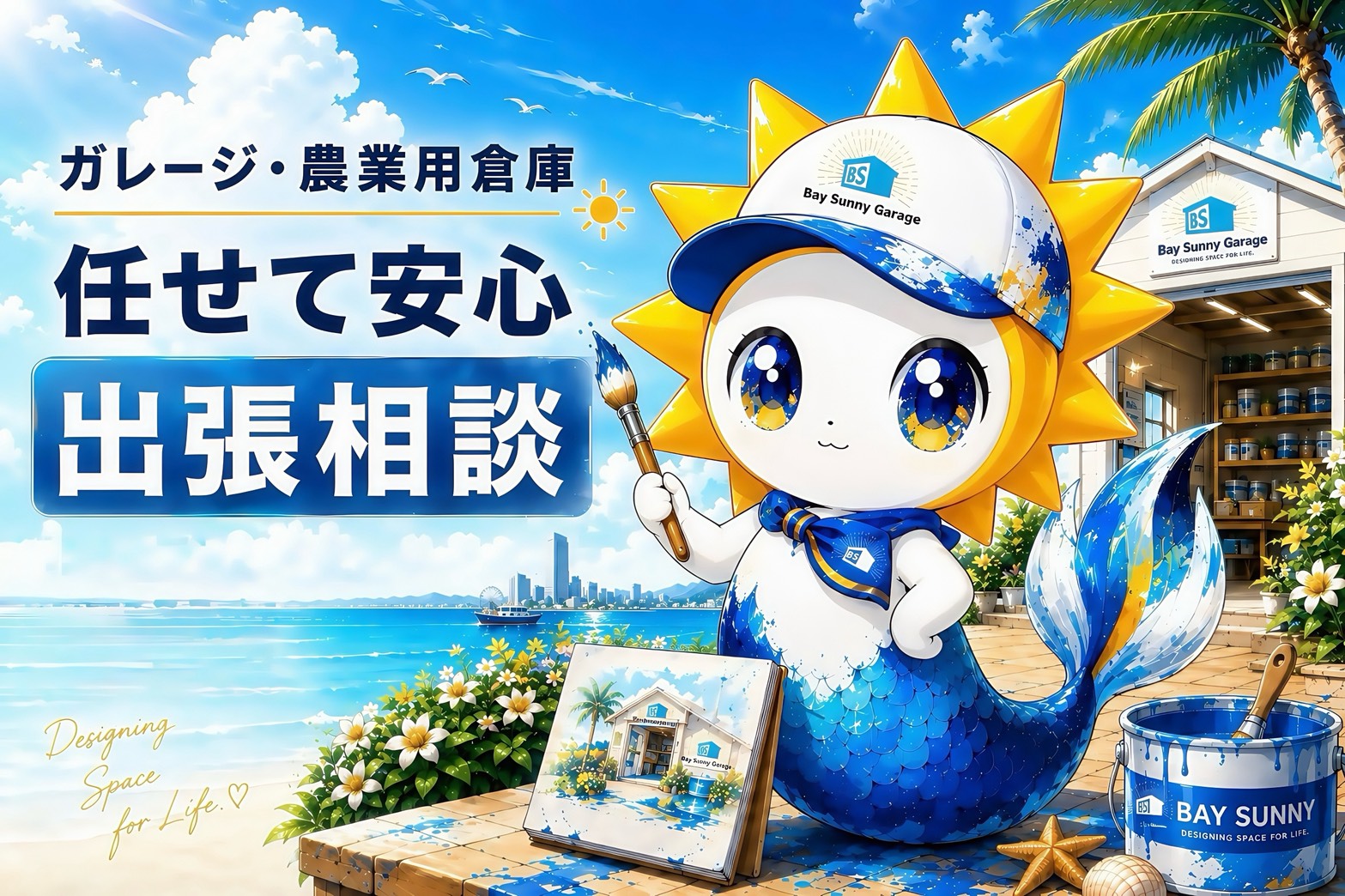 ベイサニーガレージのキャラクターと、ガレージ・農業用倉庫 任せて安心 出張相談の案内バナー